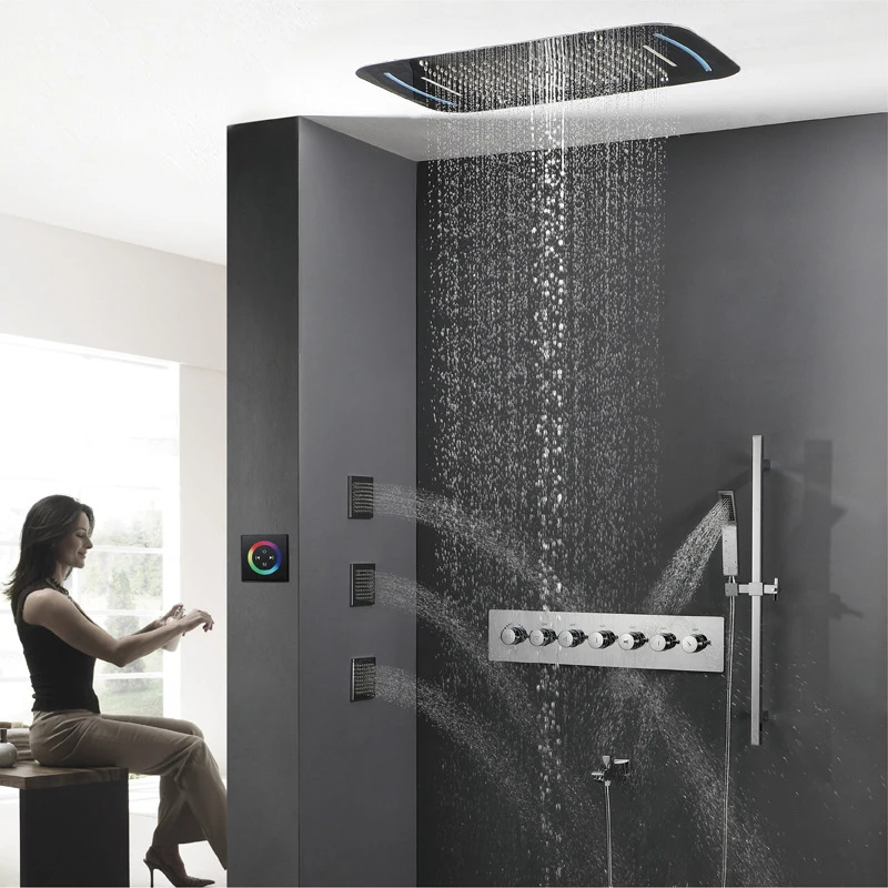 Thermostatic Mixer Valve Touch Panel LED Rain Shower Head Waterfall Bathroom Shower Set 71X43cm Big Misty Showerhead Massage Spa