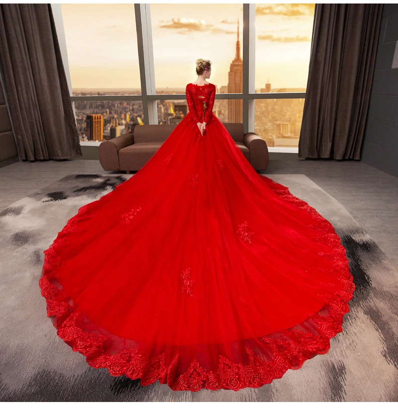 Винтажное кружевное свадебное платье с длинным рукавом Vestido De Noiva, бальное платье с v-образным вырезом, Красные Свадебные платья с длинным шлейфом, Robe De Mariee