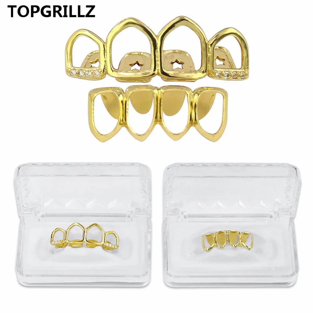 

TOPGRILLZ Grill Set Gold Color Plated Four Full Open Face Hollow Tooth Grillz Top with CZ & Bottom Teeth Grills For Men & Women
