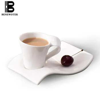 

80ml Creative Wavy Shape Concentrate Coffee Cup Saucer Western Style Breakfast Dessert Ceramic Drinkware White Porcelain Tea Mug