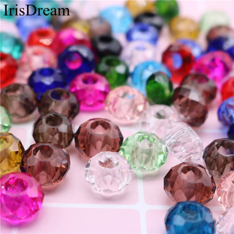 

50Pcs/Lot Solid Color Cut Faceted Big Hole Crystal Plastic Crystal Glass Beads Charm Fit European Pandora Bracelet DIY Jewelry