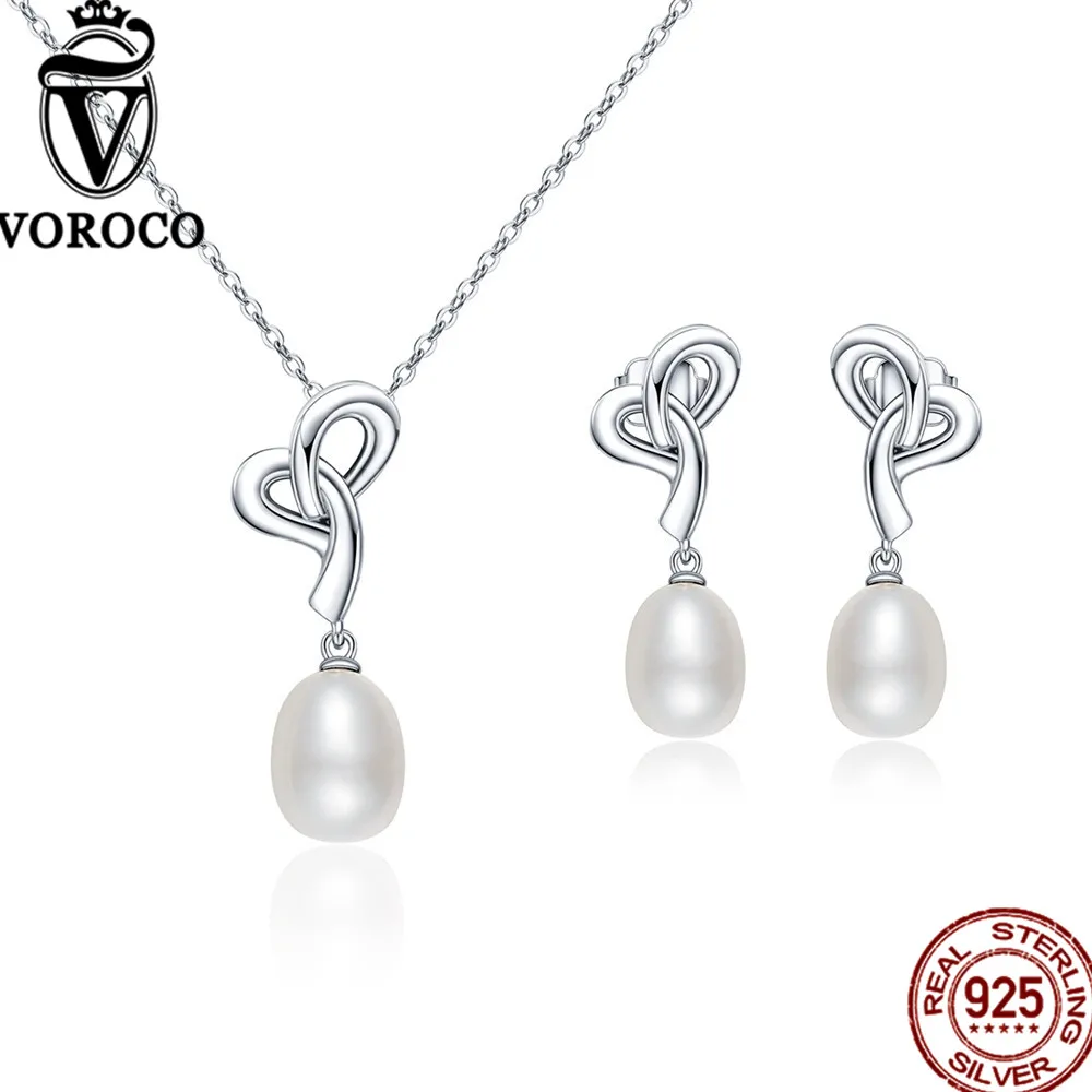 

VOROCO 100% 925 Sterling Silver Natural Freshwater Pearls Ribbon Heart Elegant Jewelry Sets for Women Wedding Fine Jewelry