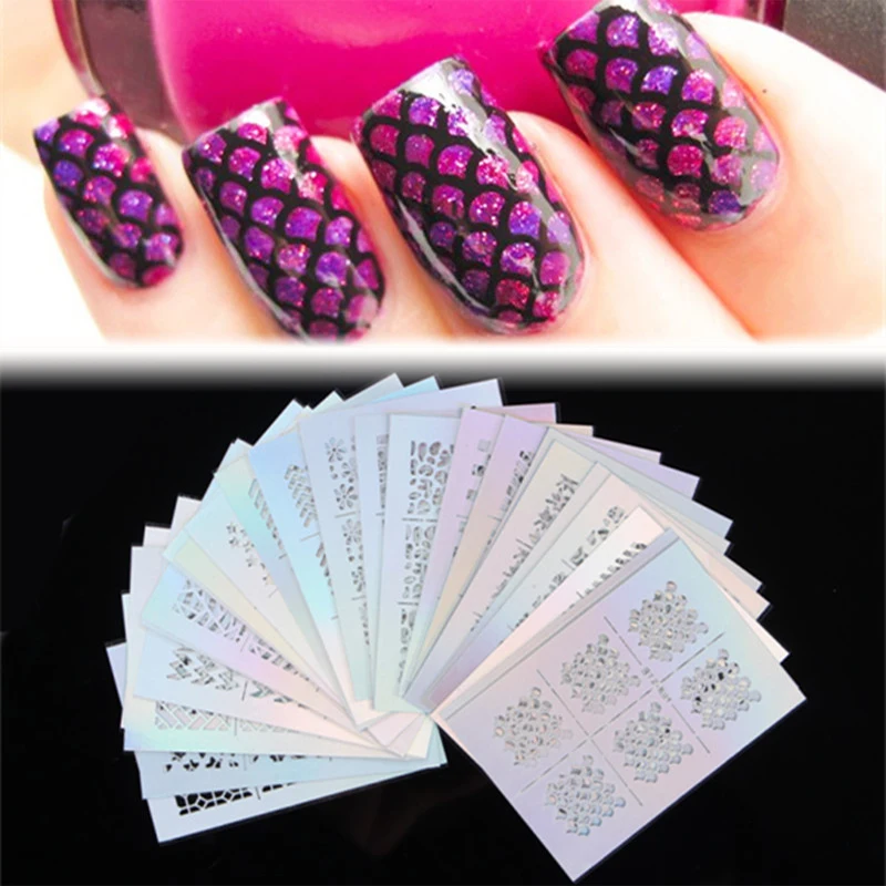 

3 Sheets Nail Vinyls Heart Flower Fish Scale Manicure Nail Art Stencil Stickers Random Pattern