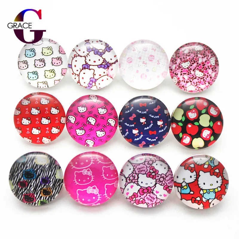 

20pcs/lot Mixed Beautiful Pringting Cartoon Cat Charms 18mm Glass Hello Kitty Snap Buttons For DIY Bracelet&Bangle Snaps Jewelry