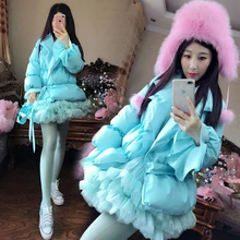 2017 new winter Fresh blue cute puff sleeve pure down coton coat + mesh skirt twinset female fashion winter sreet wear