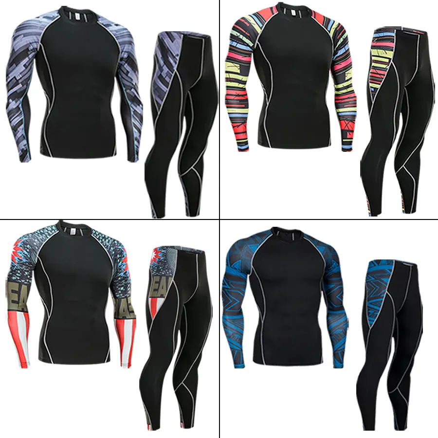 

2018 19 Mens Compression Set Running Tights Workout Fitness Training Tracksuit Long Sleeve Shirts Sport Suit rashguard kit S-4XL