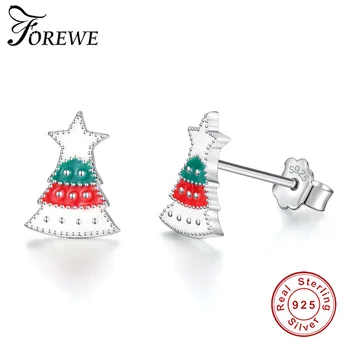 

FOREWE Christmas Jewelry 925 Sterling Silver Small Earrings Pave Enamel Cute Christmas Tree Stud Earrings for Women Girls Kids
