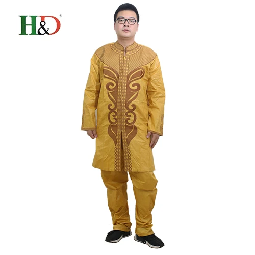 H& D африканская мужская одежда Дашики Базен riche вышивка Модная хлопковая африканская мужская одежда Топы Брюки Костюмы традиционные - Цвет: Цвет: желтый