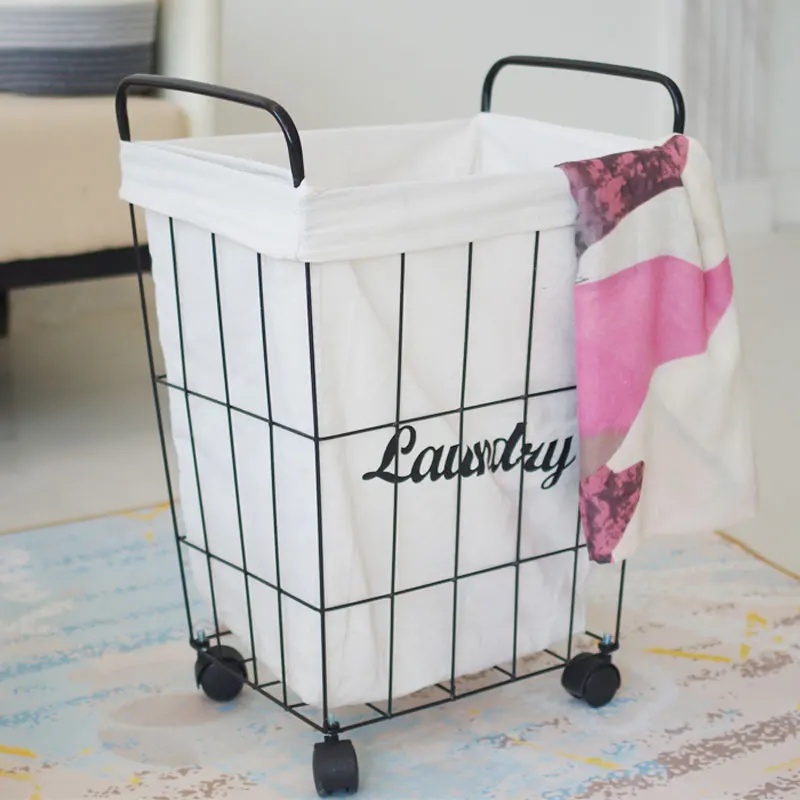 New Iron Dirty Clothes Basket Metal Storage Belt Wheel Bathroom Barrel