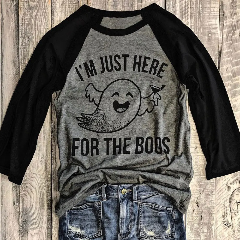 Женская забавная футболка на Хэллоуин, бейсбольная футболка с надписью «I'm Just Here For The Boos», Повседневная Женская Милая футболка с рукавом 3/4