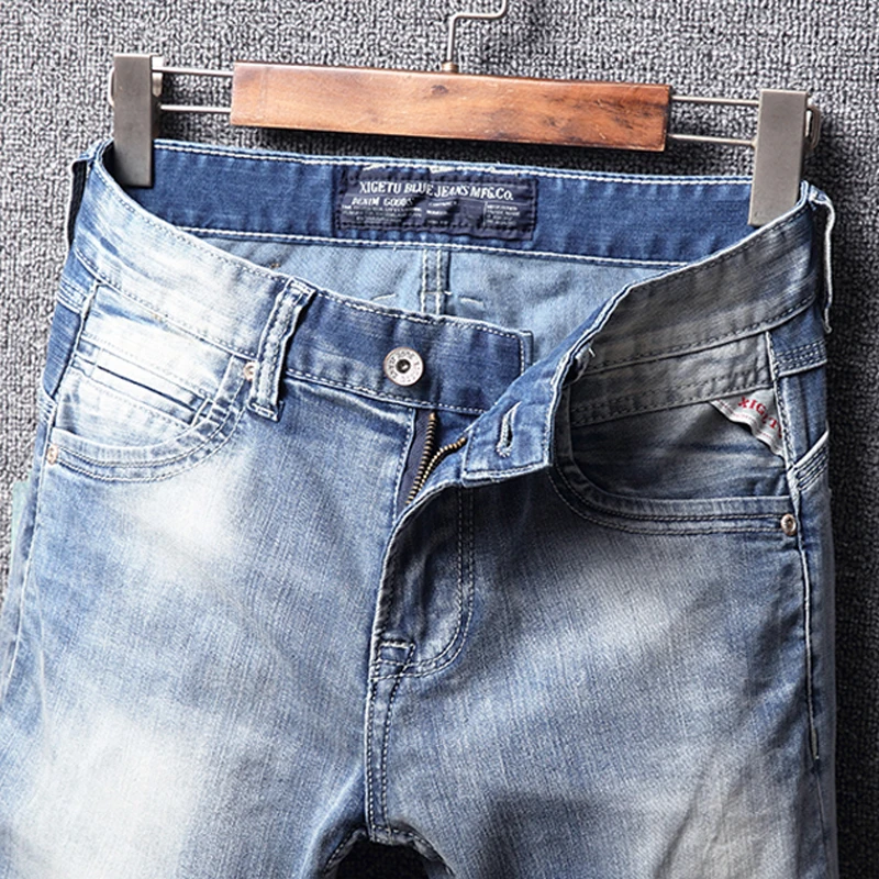 Fashion Classical Men Jeans Light Blue White Wash High Quality Summer Casual Hip Hop Denim Pants 5