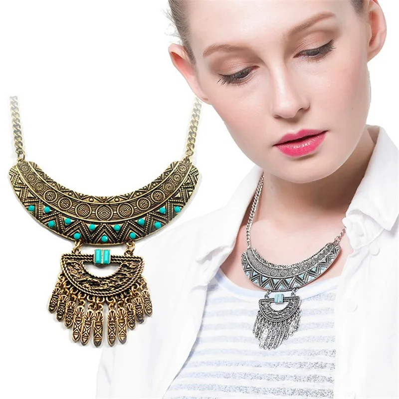 Ethnic Choker Bib Collar Tassel Pendant Statement Necklace Boho Tribal Jewelry