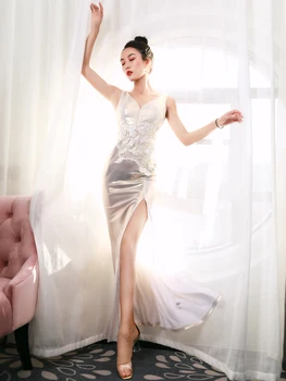 

Silver White Evening Sexy Dress Fishtail Slim Fashion Long Dresses Women Prom Birthday Party Catwalk DS Singer Dance Costume