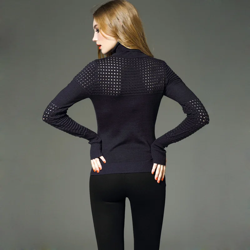 2017 new winter dress Turtleneck Shirt and female hollow sleeve head slim slim knit female