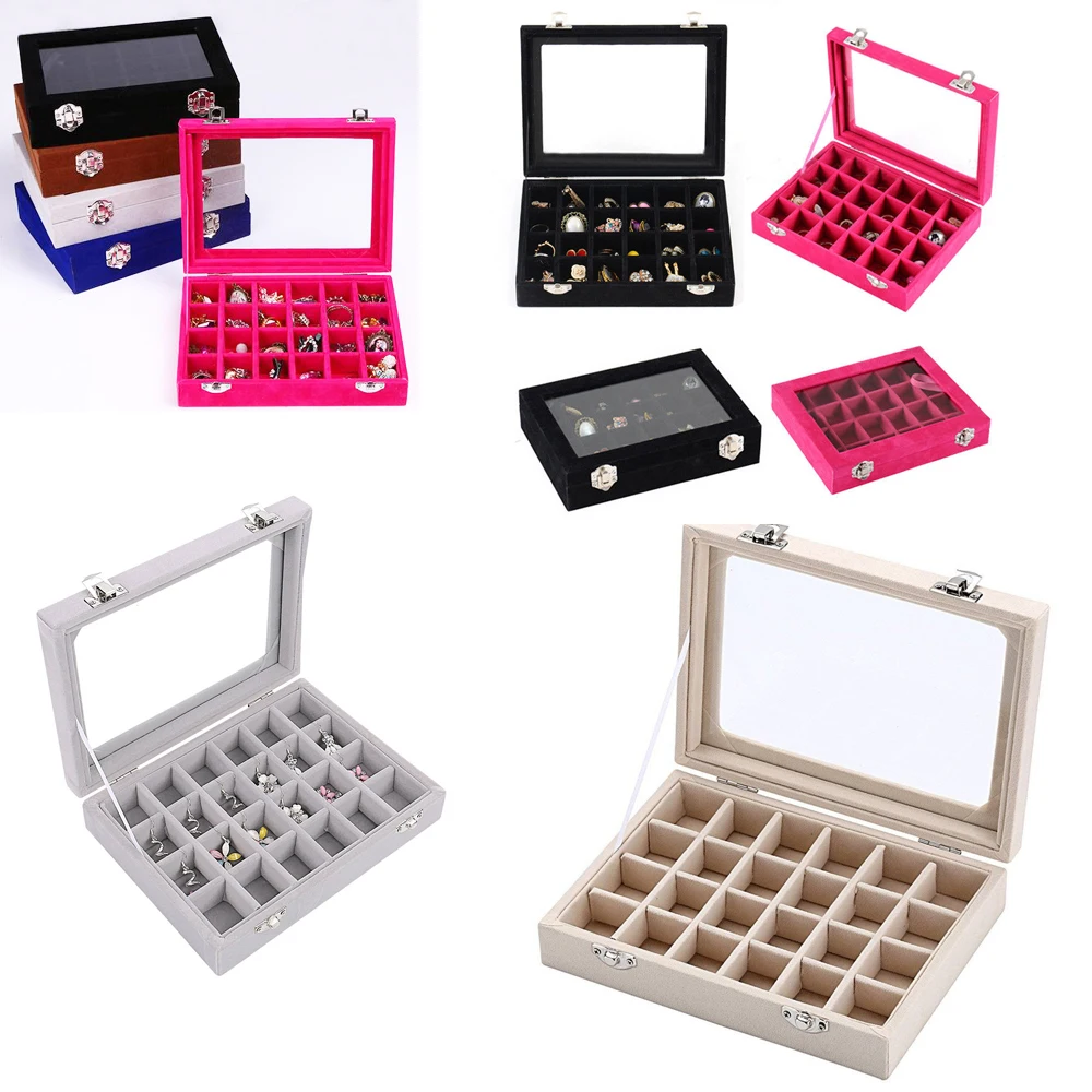 

Multi Colors Choose 24 Grid Velvet Glass Jewelry Ring Display Organiser Box Tray Holder Earrings Storage Case