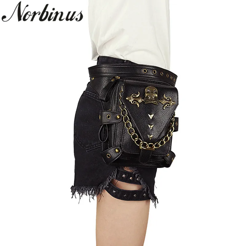 

Norbinus Steampunk Gothic Women Waist Bag Skull Rivet Shoulder Crossbody Bags PU Leather Motorcycle Leg Bag Ladies Travel Packs