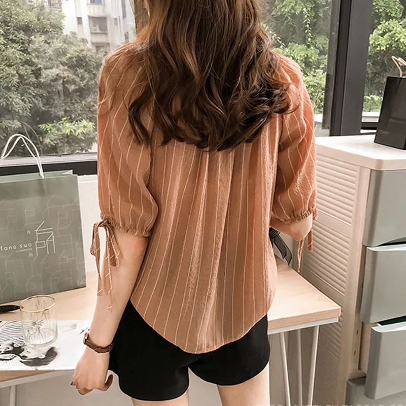 Sweet Slash Neck Ladies Blouses Striped Print Women Blouses Half Sleeve V-Neck Women Shirt 6