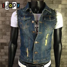 Модный мужской ретро джинсовый жилет синий винтажный цвет рваные с отверстиями однобортный жилет джинсы жилет для мужчин