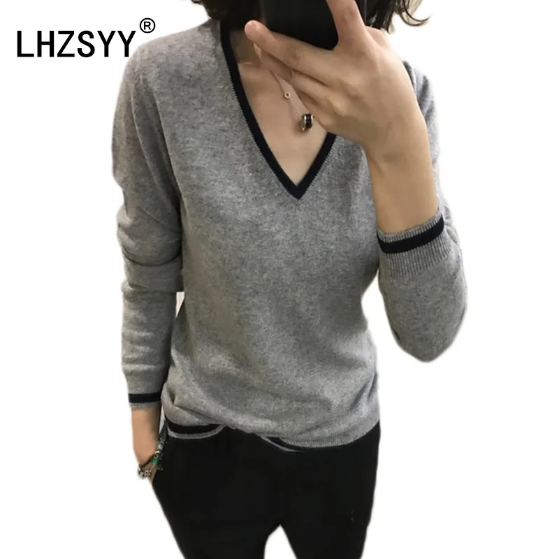 Goedkoop LHZSYY en Najaar Nieuwe vrouwen Kasjmier Trui Mode Kleuraanpassing V hals Wollen Gebreide Trui Korte Trui Soft Shirt