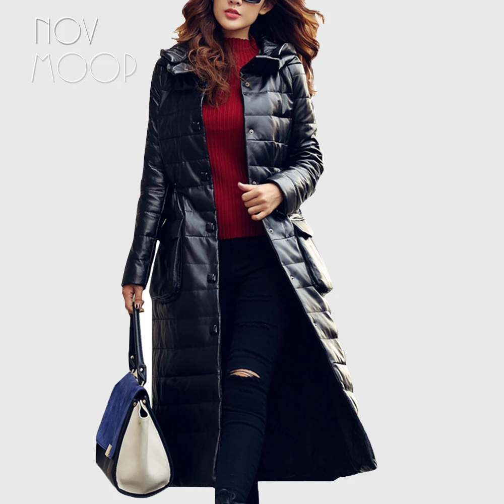 

Winter women hooded genuine leather duck down coat black quilted real lambskin leather slim A-Line x-long trench coat LT1891
