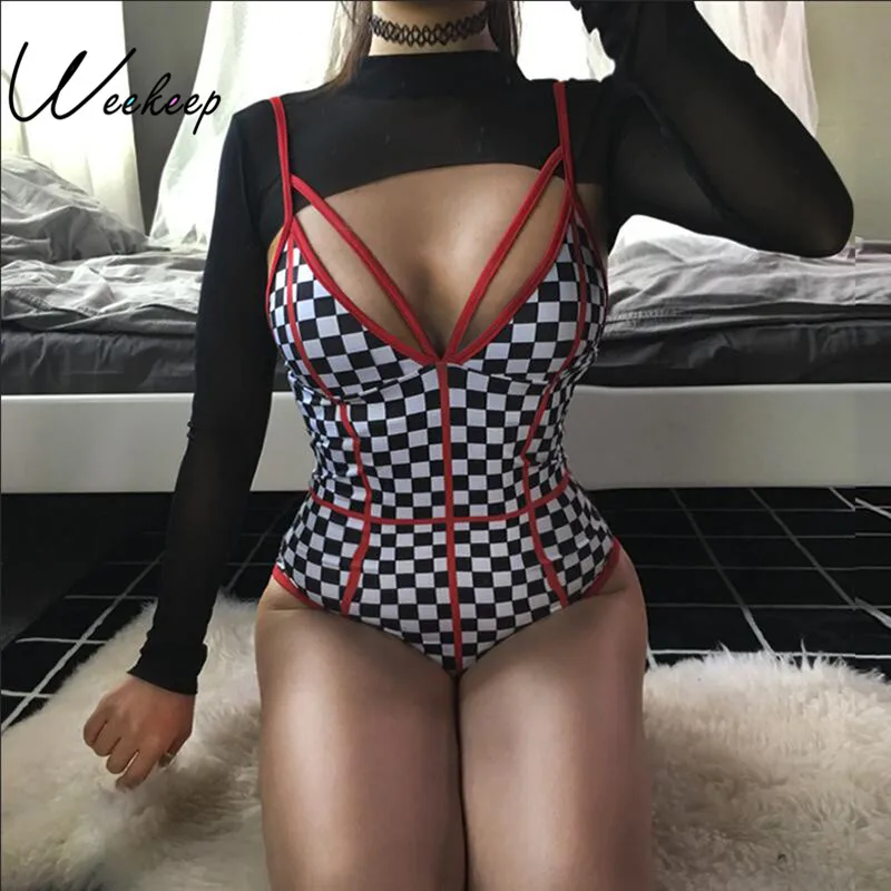 

Weekeep Women Sexy Checkerboard Backless Bodysuit Summer Bodycon Cami Plaid Womens Jumpsuit Streetwear Body Feminino Bodysuits