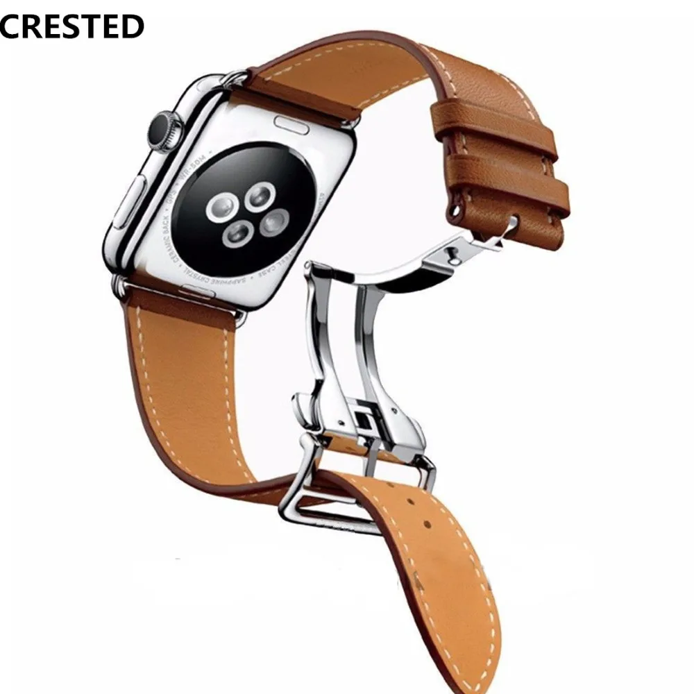 

CRESTED Deployment Buckle For Apple watch band strap iwatch series 3/2/1 42mm/38mm Leather Single Tour wrist bands Bracelet belt