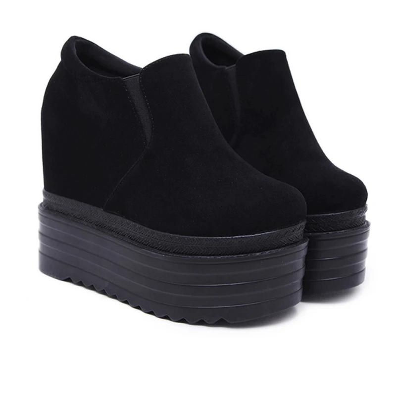 Ботинки на высоком каблуке 13 см осенние черные замшевые ботинки на танкетке Модные женские ботильоны обувь на танкетке, увеличивающая рост