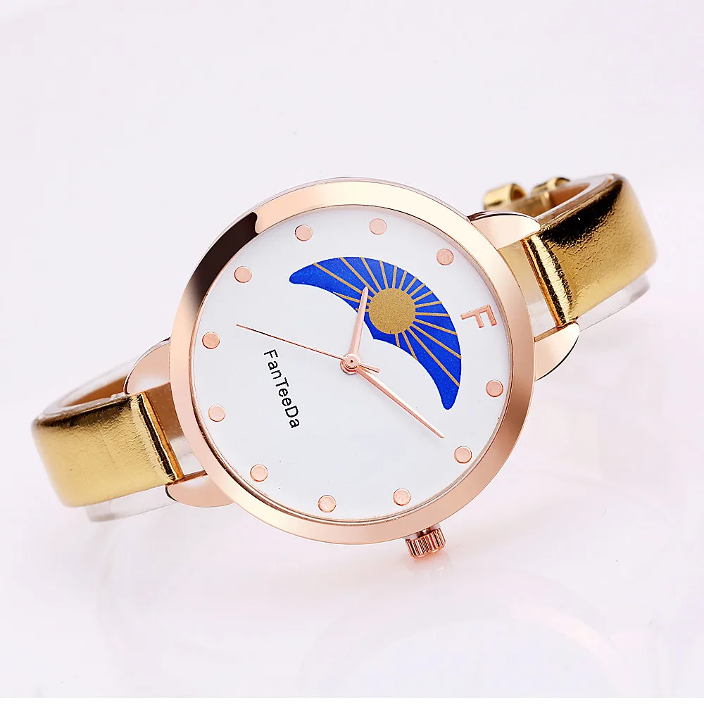 FanTeeDa relogio feminino Sun and moon Alloy Analog Leather Band Quartz Wrist Watch women Clock Casual Round kadin saat mujerB40