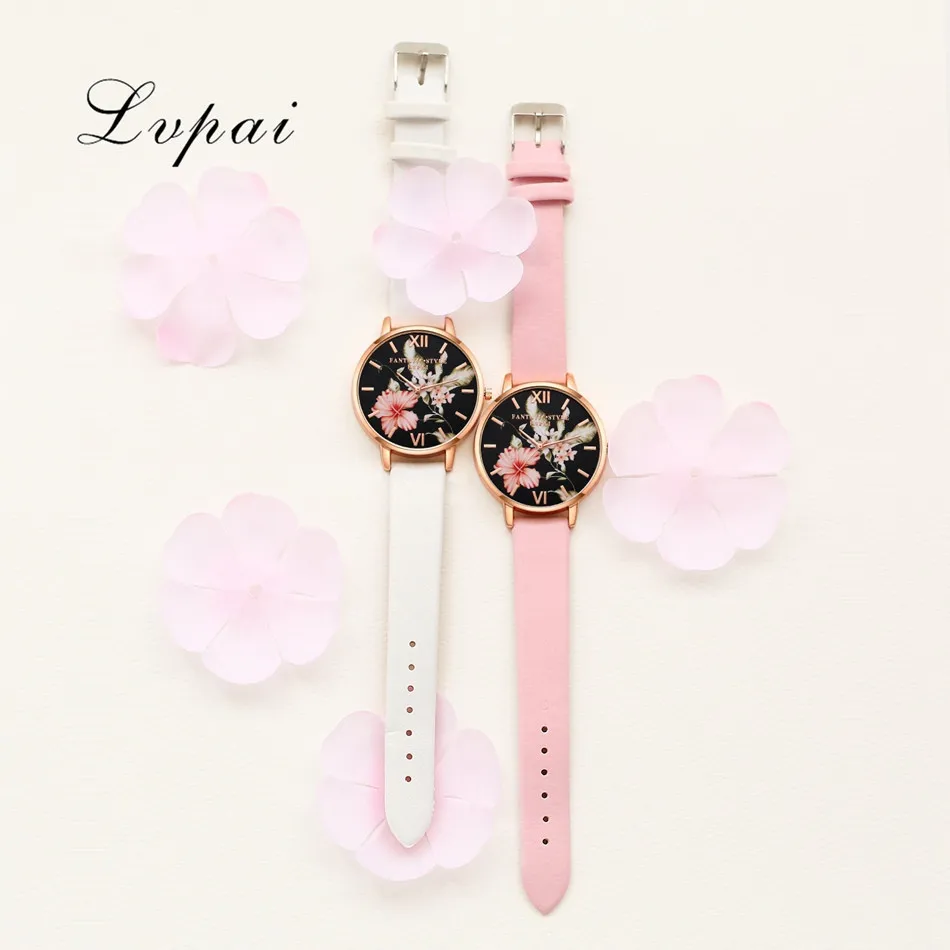 Lvpai Brand Women Bracelet Watch Fashion Rose Gold Flowers Leather Simple Women Dress Watches Luxury Business Clock Watch