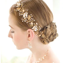 Miallo Headband Tiara Hair Jewelry Leaf Rhinestone Pearl Chain Head Handmade Bridal Wedding Hair Accessories