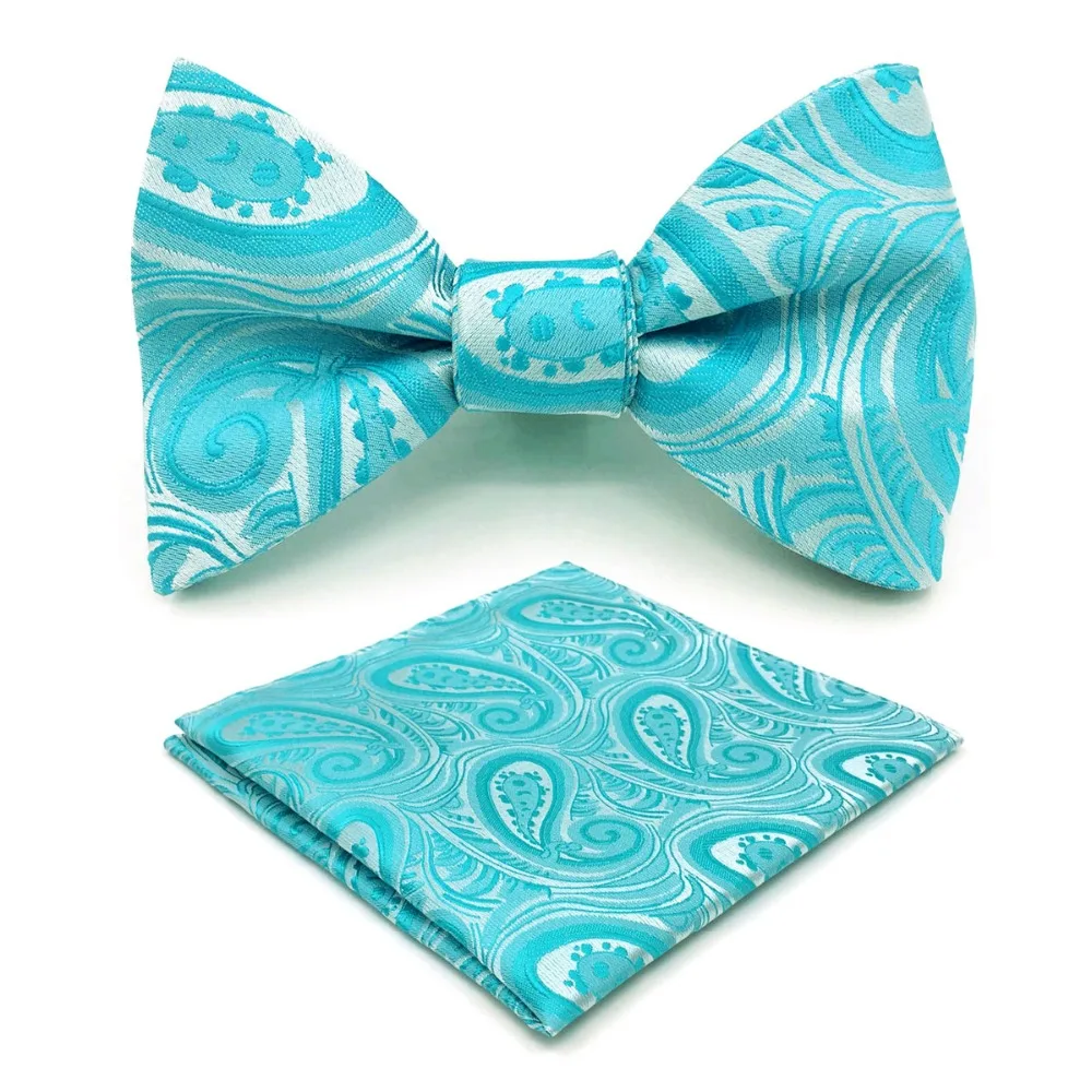 E34 Blue Paisley Mens Bowtie Ajustable Self Bow Tie Pocket Square Set Weddingin Men's Ties