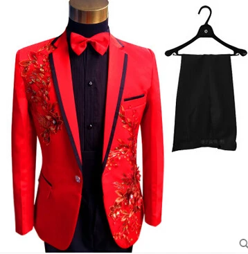 Пиджак+ брюки+ галстук-бабочка) мужской костюм, комплект, блейзер, кристаллы, белые камни, для выступлений, торжественное платье, красный, черный, для выпускного вечера, платье для жениха - Цвет: 6