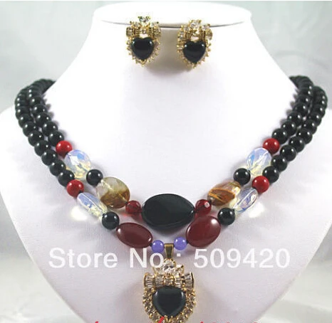 

hot sell Pretty lady's Jewelry 2 rows black agate jade heart pendant necklace earring set