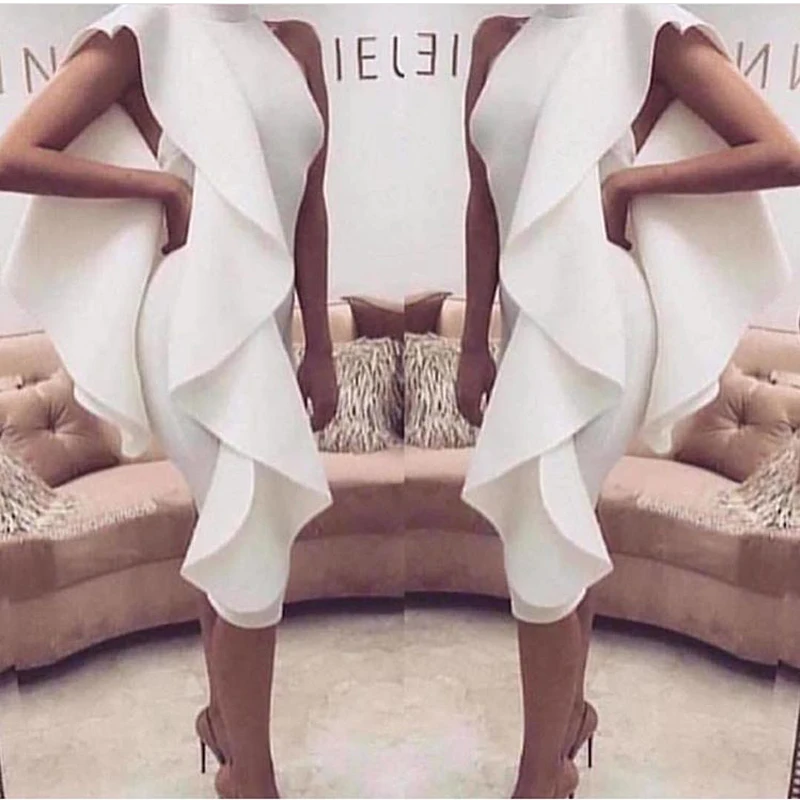 

Pure White Ruffles Sleeveless Midi Bodycon Party Dress Knee Length High O Neck Stretch Back Zipper Tight Package Hips Dress