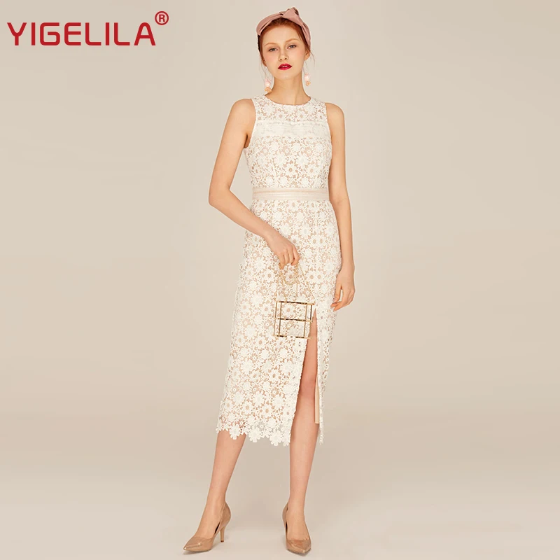 

YIGELILA 2019 Latest New Women Dress Summer O-neck Sleeveless Sheath Sexy Split Medium Long Lace Dress 62467