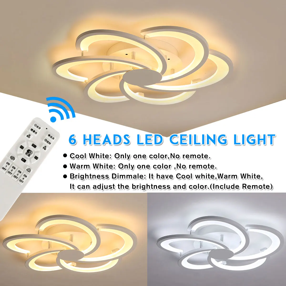 

Modern 6 Heads LED Ceiling Lights Remote control for Living room Bedroom Aluminum boby indoor Lamp flush mount