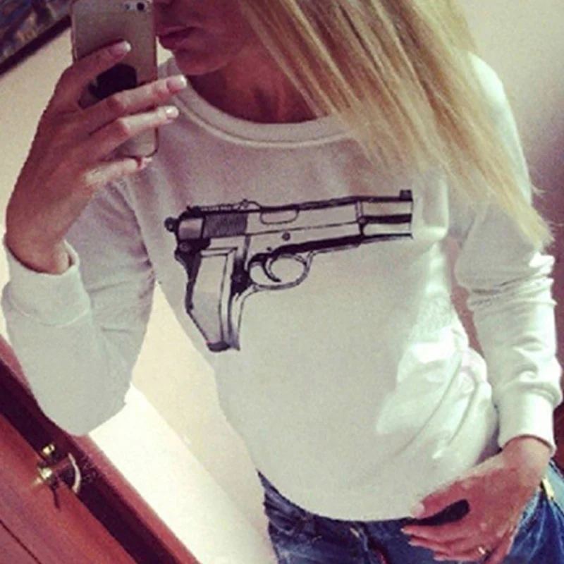 

Hot New Fashion Women 2015 sudaderas mujer Moleton Gun Printed Hoodies Chic Popular Sweatshirts Winter Pullovers WMH26
