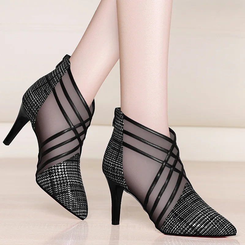 

2019 spring and autumn new European and American mesh yarn pointed high-heeled stiletto bare boots fashion boots net boots