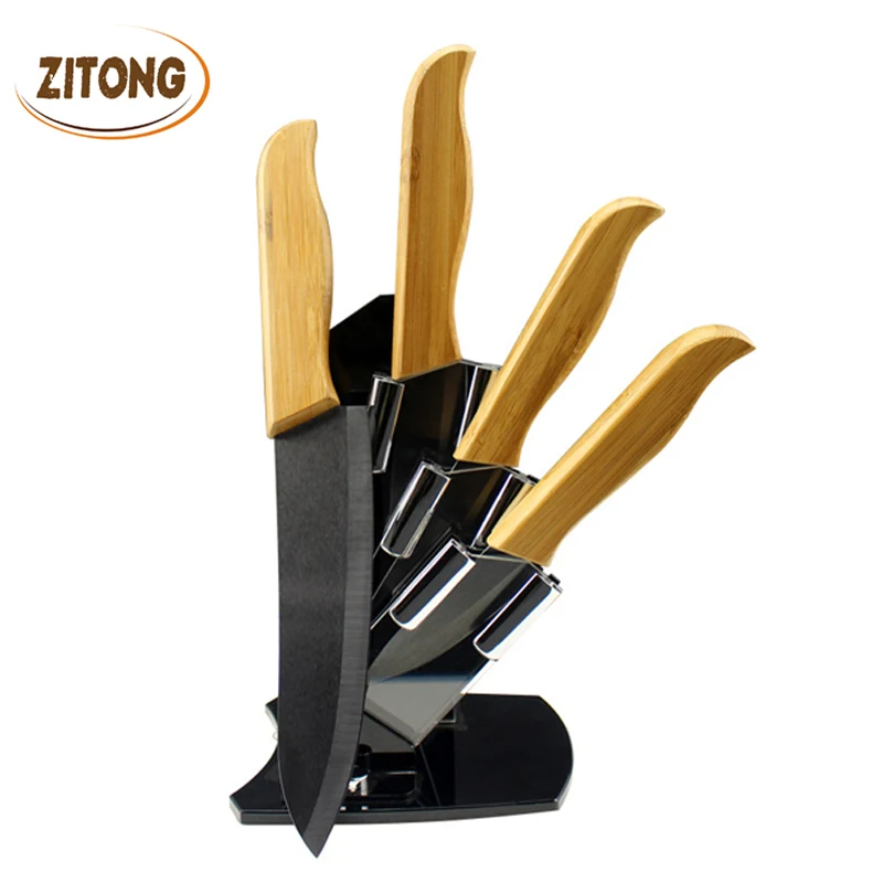 2016 Hot High Quality Bamboo Handle Ceramic Knife Black Blade Suit Exquisite Kitchen knives With Holder