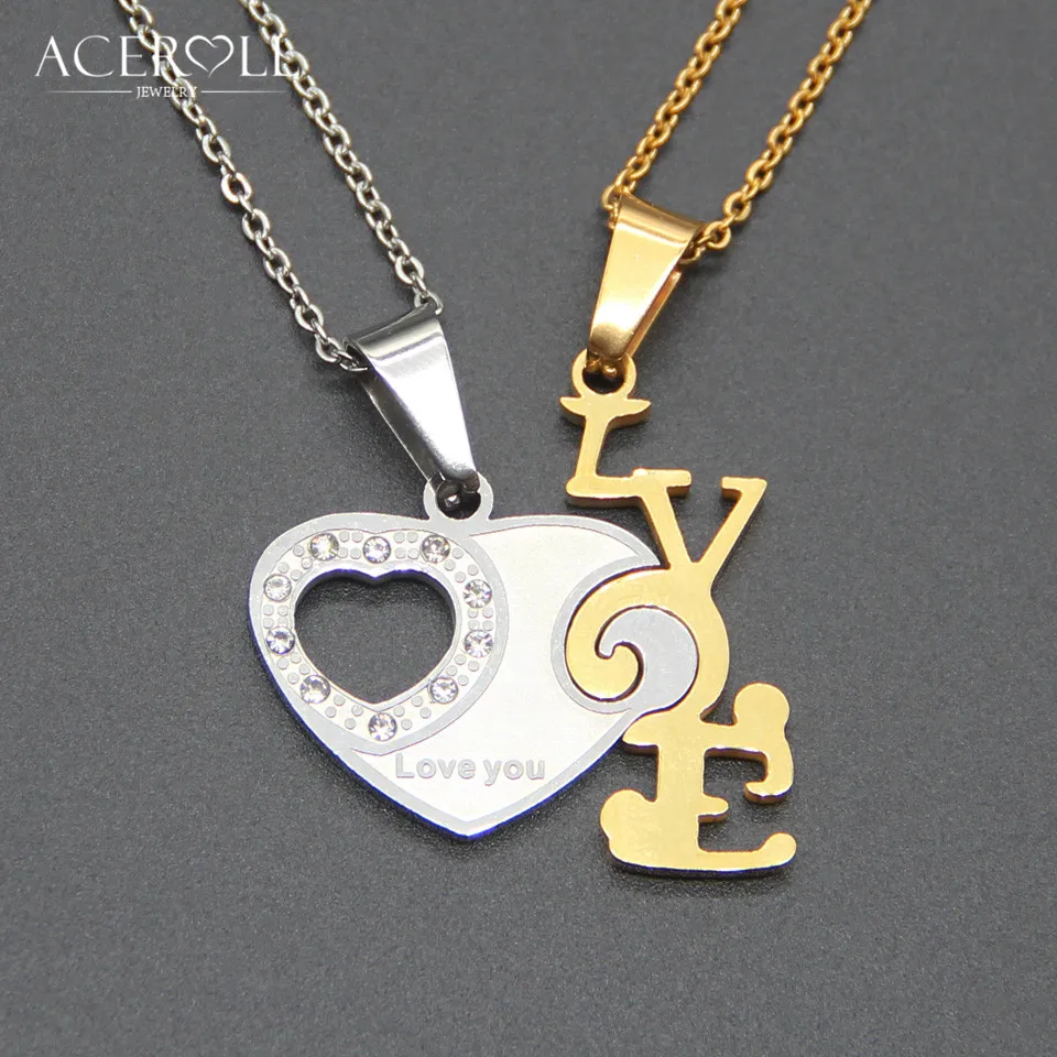 

ACEROLL Broken Heart Necklace - Stainless Steel Split Heart Pendant in Love Shape with Crystal Stones for Lovers and Couples