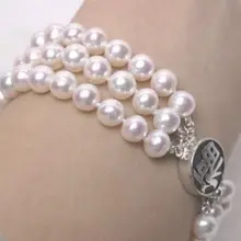 Красивая 3 ряда AAA 8-9 ММ белый Fw перл браслеты 7.5-" Soild Серебряный NewNoble стиль природный Изысканные jewe Быстрая
