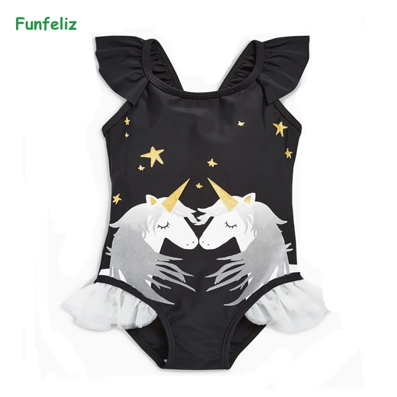 Special Chance for  Funfeliz Black Swimwear for Girls 1-6 Years Little Girl One Piece Swimsuit Cute Kids Swimming Suit 