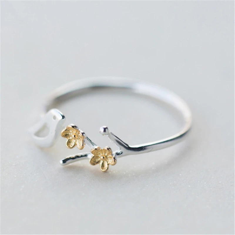 

100% 925 Sterling Silver Gold Color Tree Branches Birdie Open Rings For Women High Quality Fashion Lady Jewelry JZ010