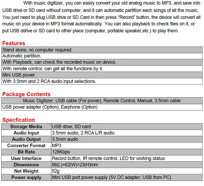 Аналоговый аудио MP3 цифровой преобразователь, конвертировать старые аналоговый музыки в mp3, сохранить в usb флэш-диск или SD карты непосредственно нет необходимости PC