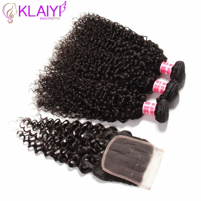 Klaiyi волосы перуанские 3 пучка с закрытием Человеческие волосы remy ткет 4 шт./партия вьющиеся волосы плетение с кружевом Закрытие часть