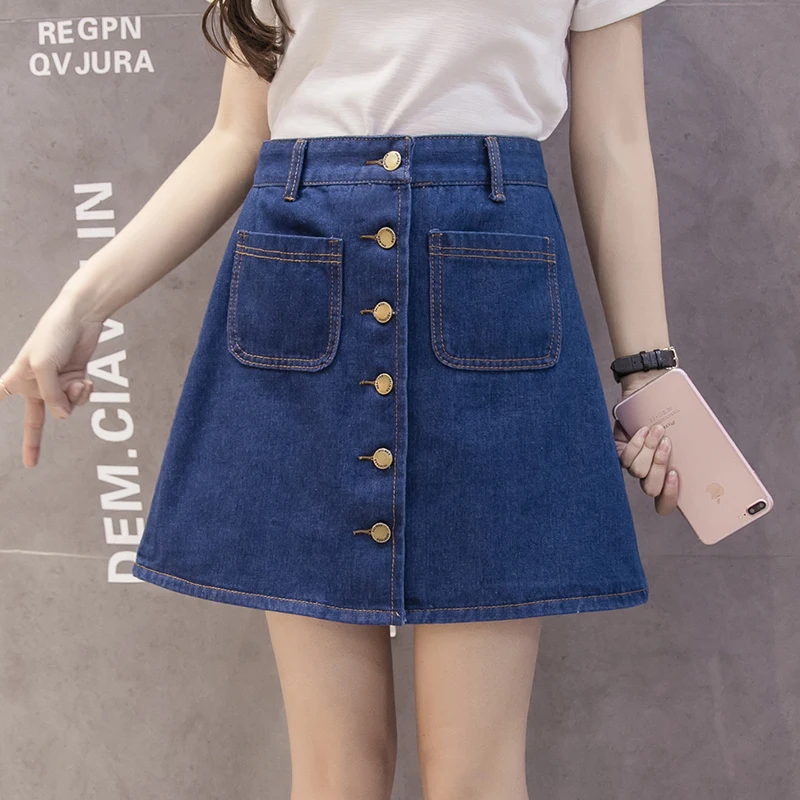 Lucyever джинсовые женские мини-юбка летние винтажные Высокая талия корейский одной кнопки Карманы синие джинсы линии офис дамы saia