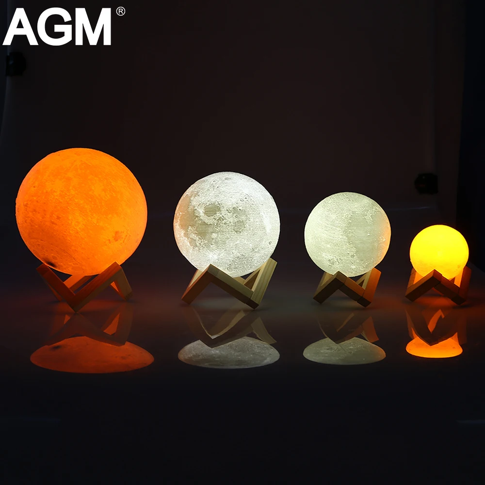Schreibtischlampe 2 Farben mit USB-Ladekabel & Holz Halter 3D Moon Lamp LED Nachtlicht mit Touch-Schalter 18cm 