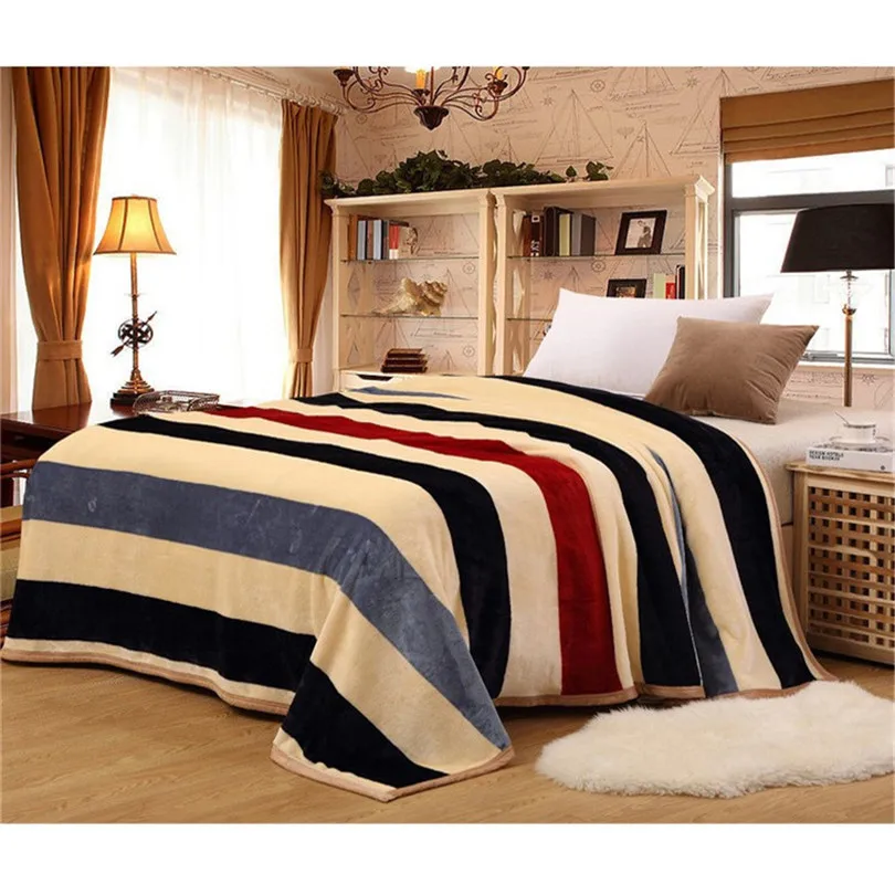 

Coral Fleece Blankets and Bedspreads Manta Plaids on the Bed Cover Striped Plush Aircondition Cobertor for Adults Throw Blankets