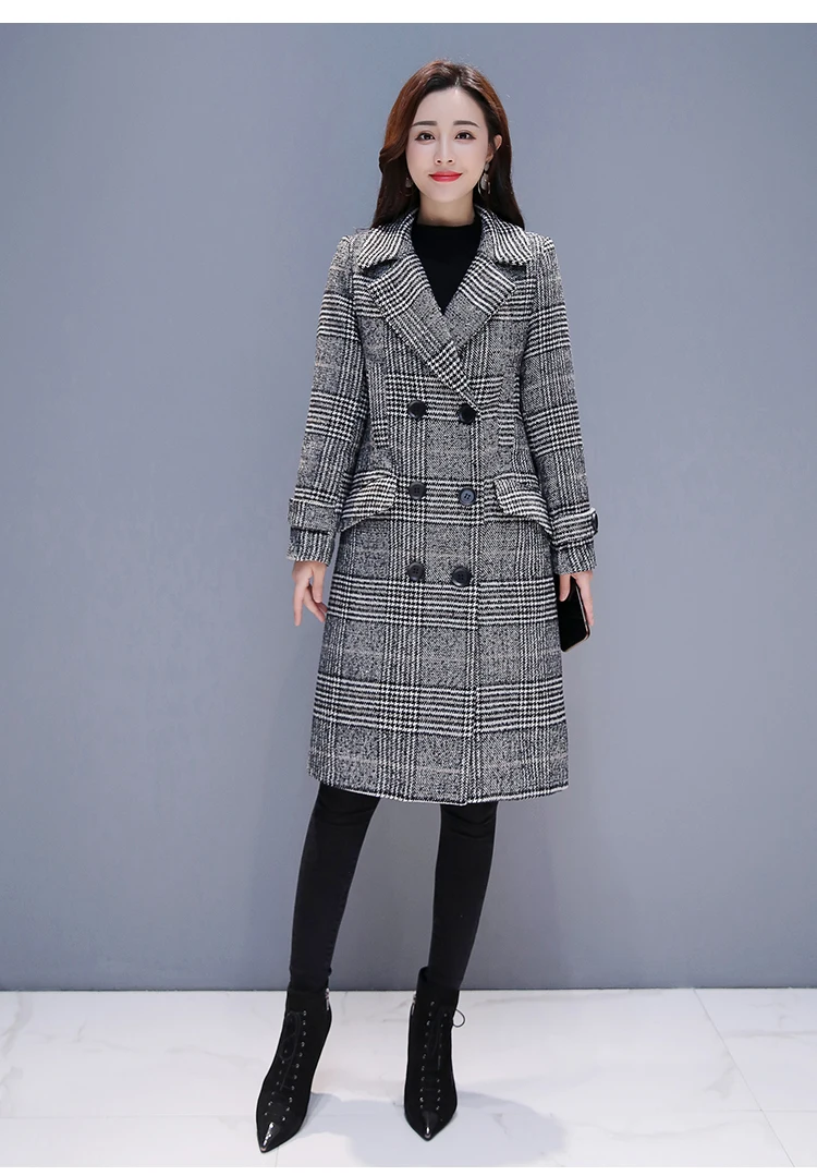 Hodisytian Winter Women Wool Blends Plaid Trench Coat Elegant Outerwear Casual Loose Thick Cardigan Female Cashmere Overcoat