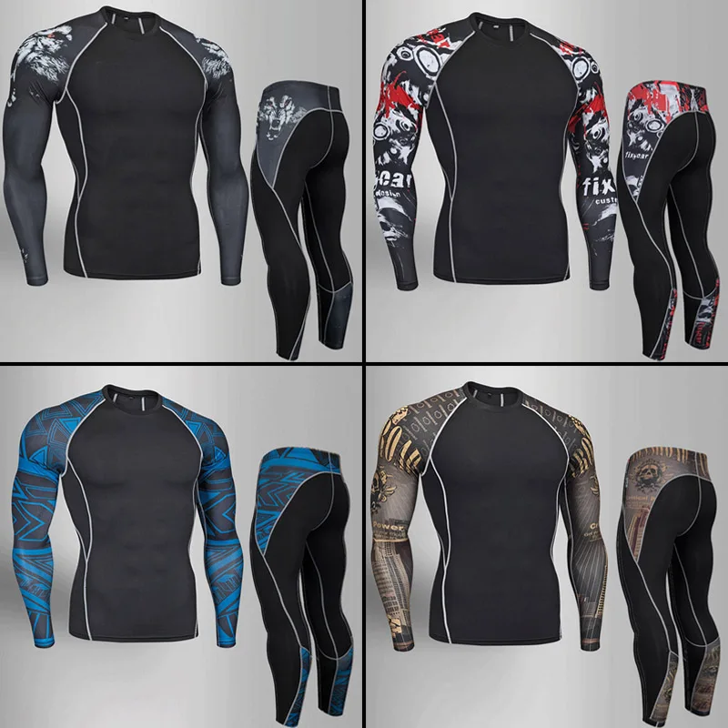 

Men's Sports Underwear Set Quick-drying Fitness Shirt + Leggings 2 Piece Tracksuit Men Compression MMA Clothing rashguard s-4xl